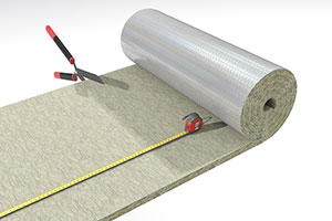 Installation of fire insulation of rectangular ducts. Cutting of wired mat with scissors.